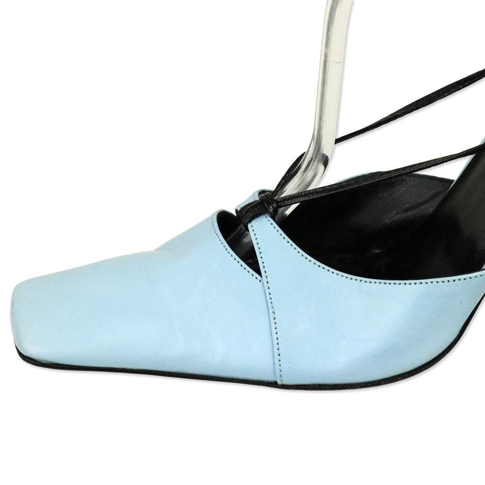 Karl Lagerfeld Vintage Blue Leather Square Toe Strappy Sandal