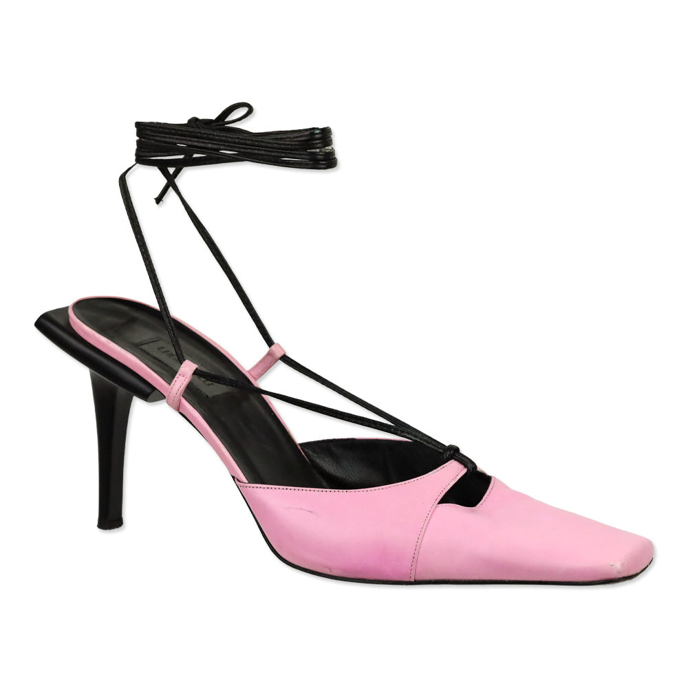 Karl Lagerfeld Vintage Pink Leather Square Toe Strappy Sandal