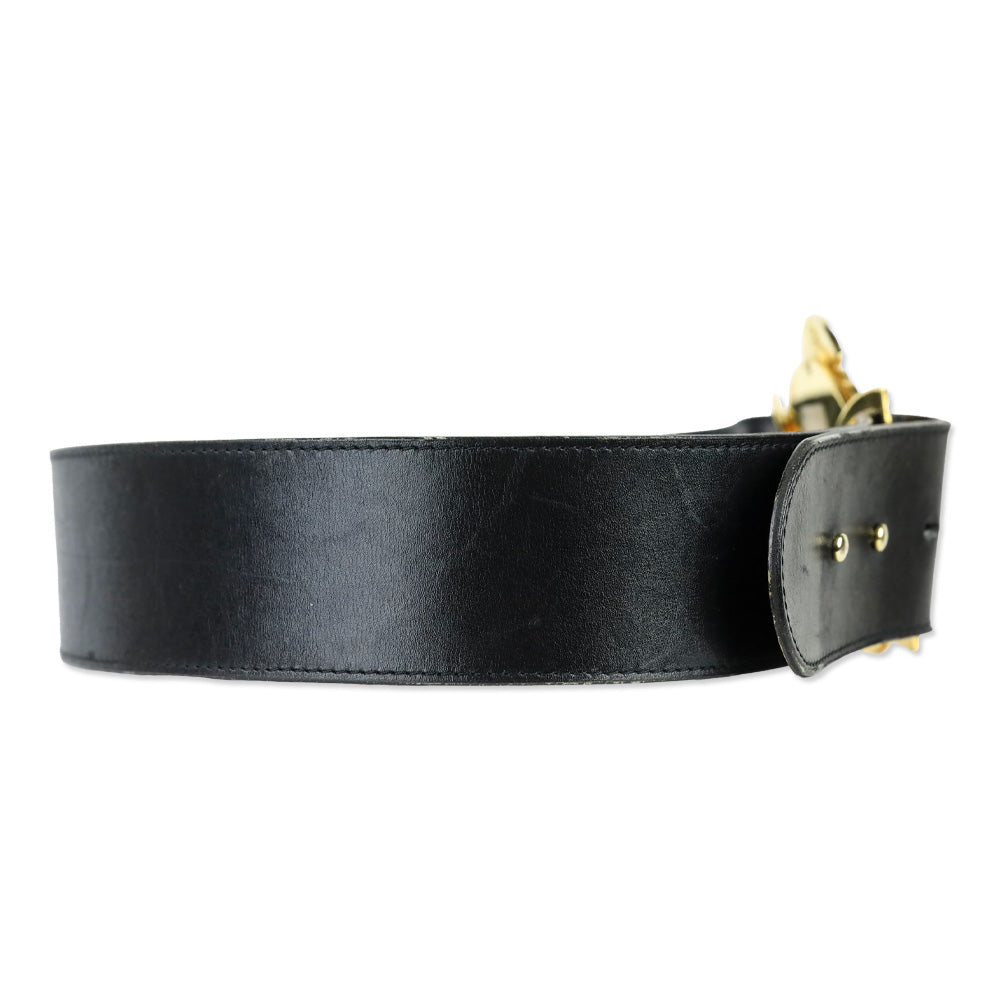 Karl Lagerfeld Vintage Wide Black Leather Gold Logo Buckle Belt