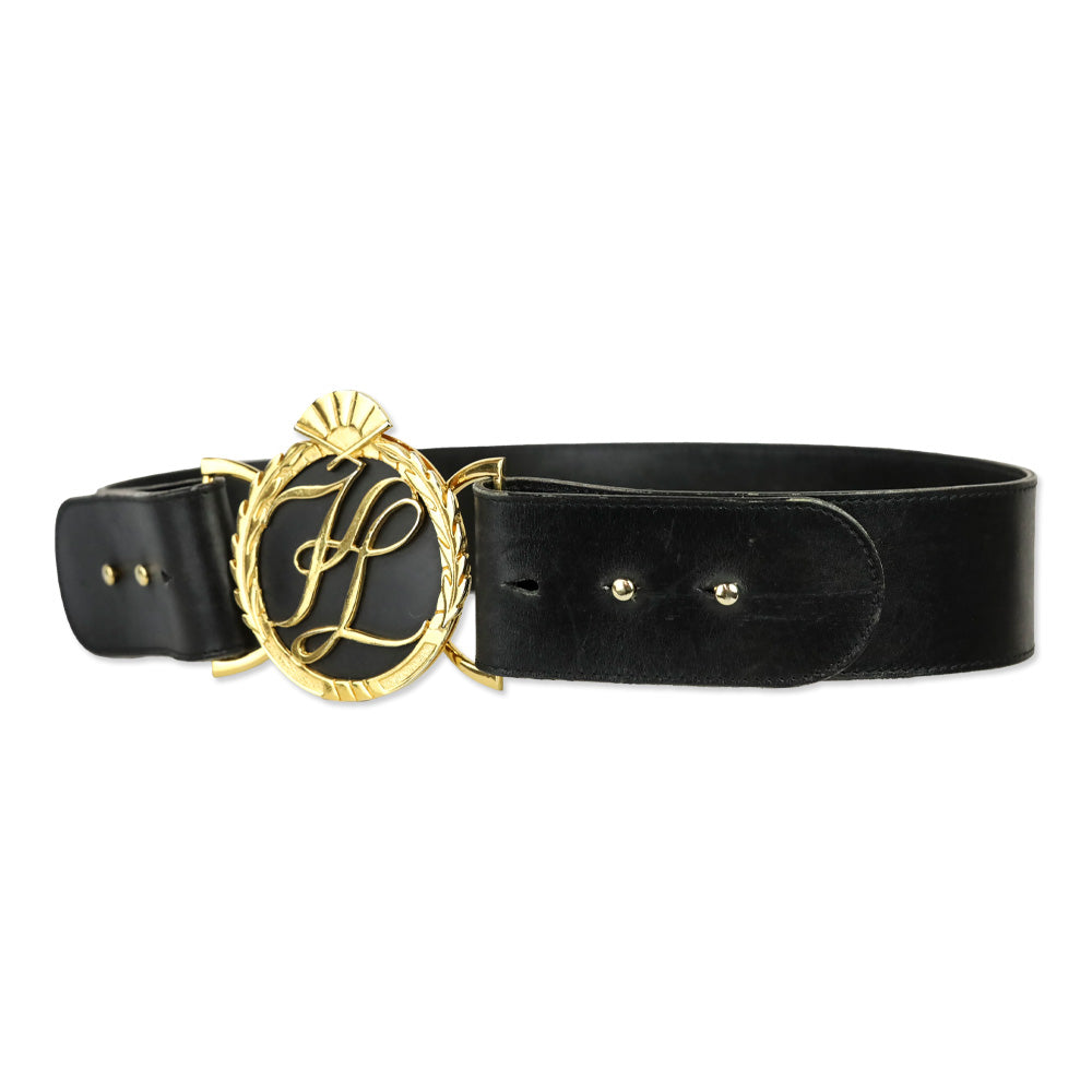 Karl Lagerfeld Vintage Wide Black Leather Gold Logo Buckle Belt