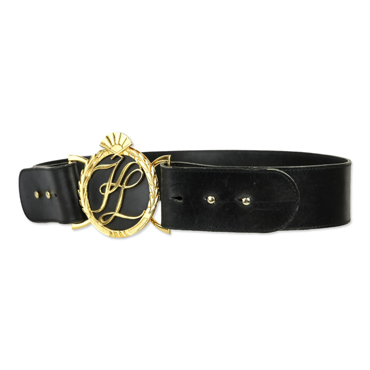 Karl Lagerfeld Vintage Wide Black Leather Gold Logo Buckle Belt