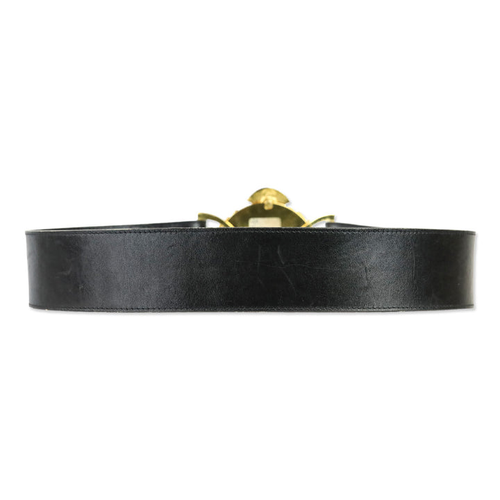 Karl Lagerfeld Vintage Wide Black Leather Gold Logo Buckle Belt