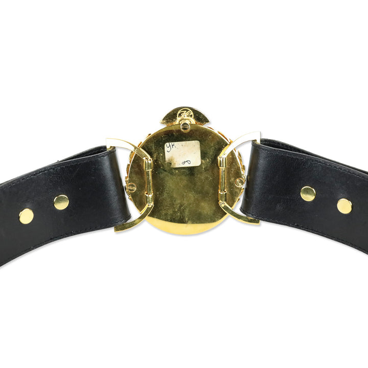 Karl Lagerfeld Vintage Wide Black Leather Gold Logo Buckle Belt