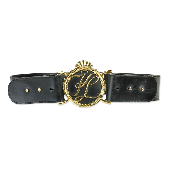 Karl Lagerfeld Vintage Wide Black Leather Gold Logo Buckle Belt