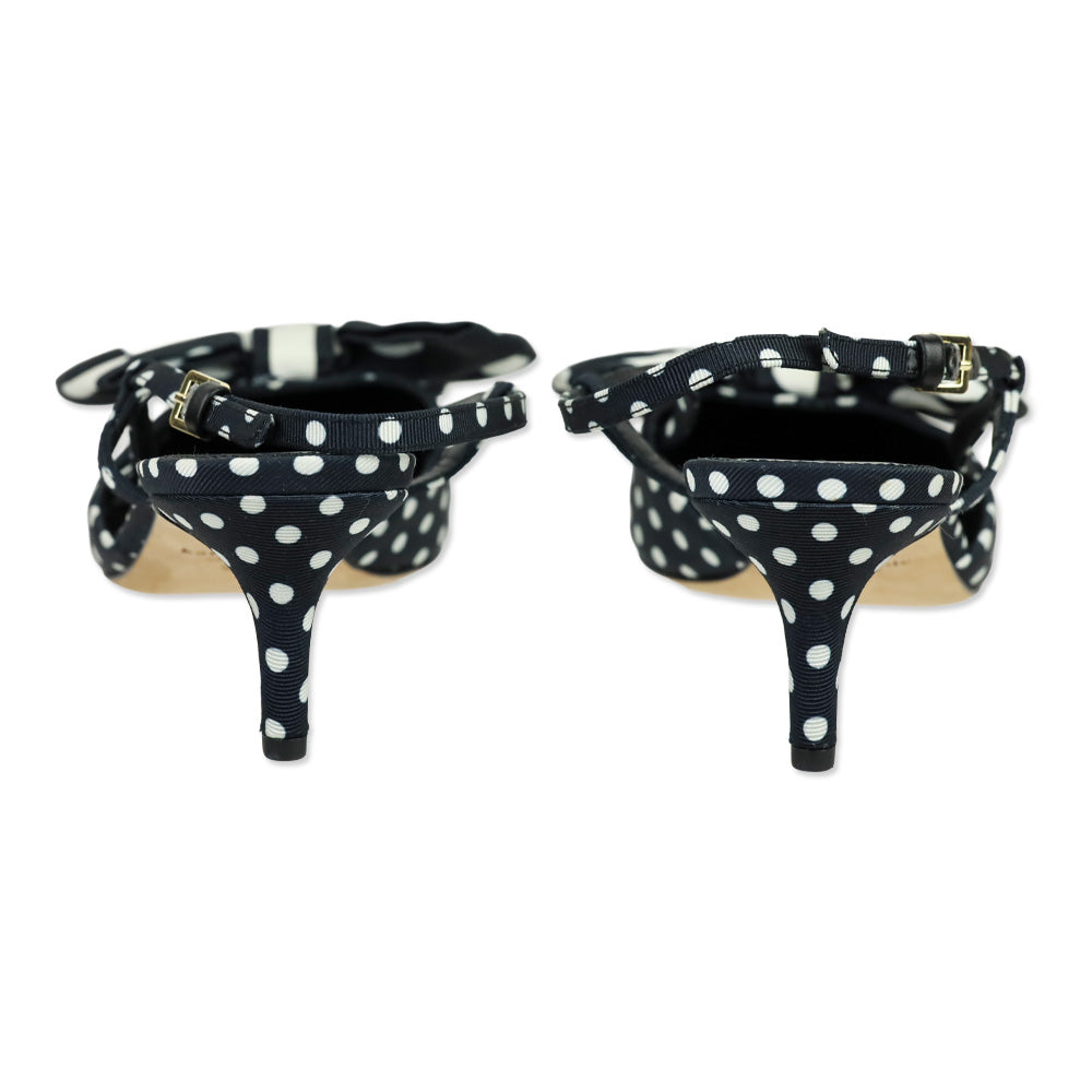 Kate Spade Black/White Polka Dot Grosgrain Rue Slingback Mid Heel