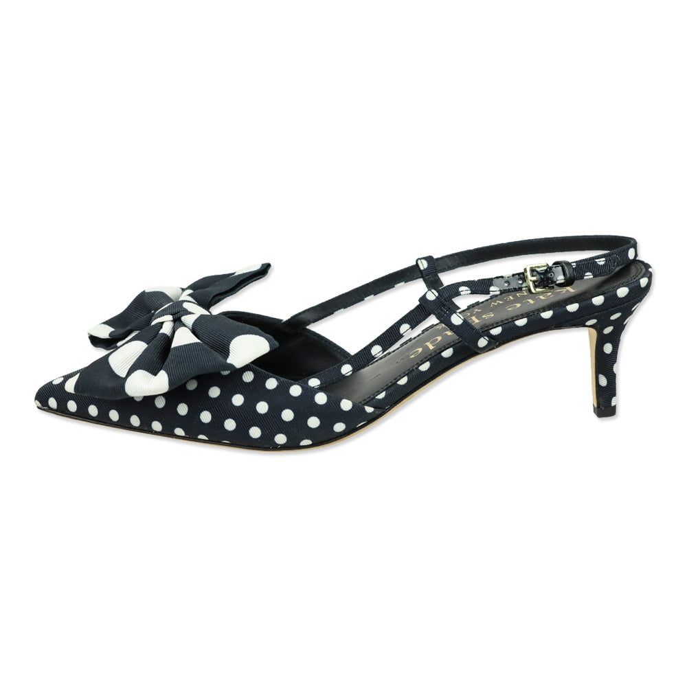 Kate Spade Black/White Polka Dot Grosgrain Rue Slingback Mid Heel