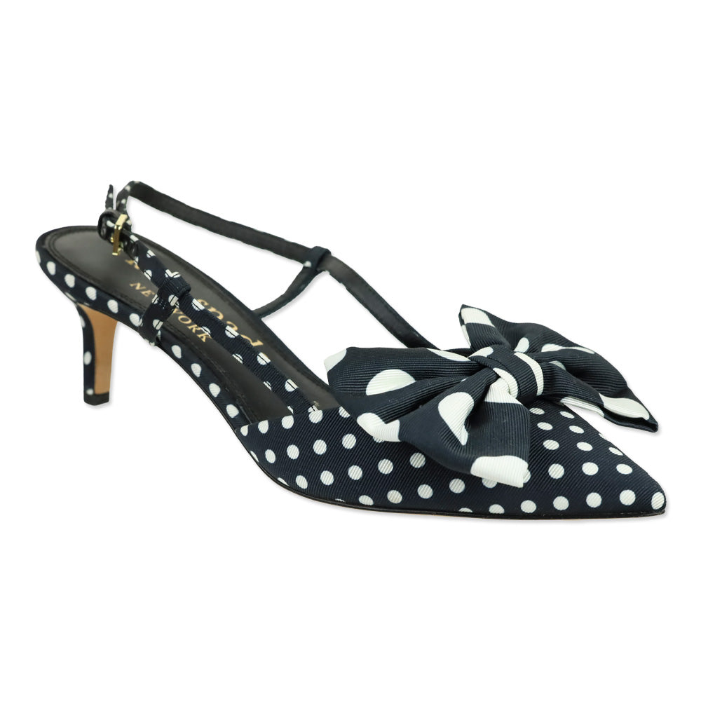 Kate Spade Black/White Polka Dot Grosgrain Rue Slingback Mid Heel