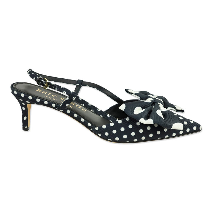 Kate Spade Black/White Polka Dot Grosgrain Rue Slingback Mid Heel