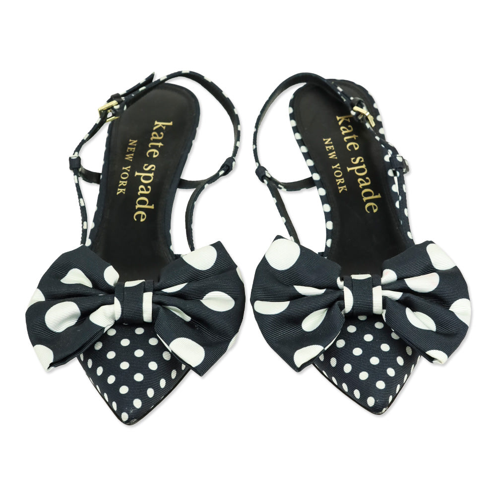Kate Spade Black/White Polka Dot Grosgrain Rue Slingback Mid Heel
