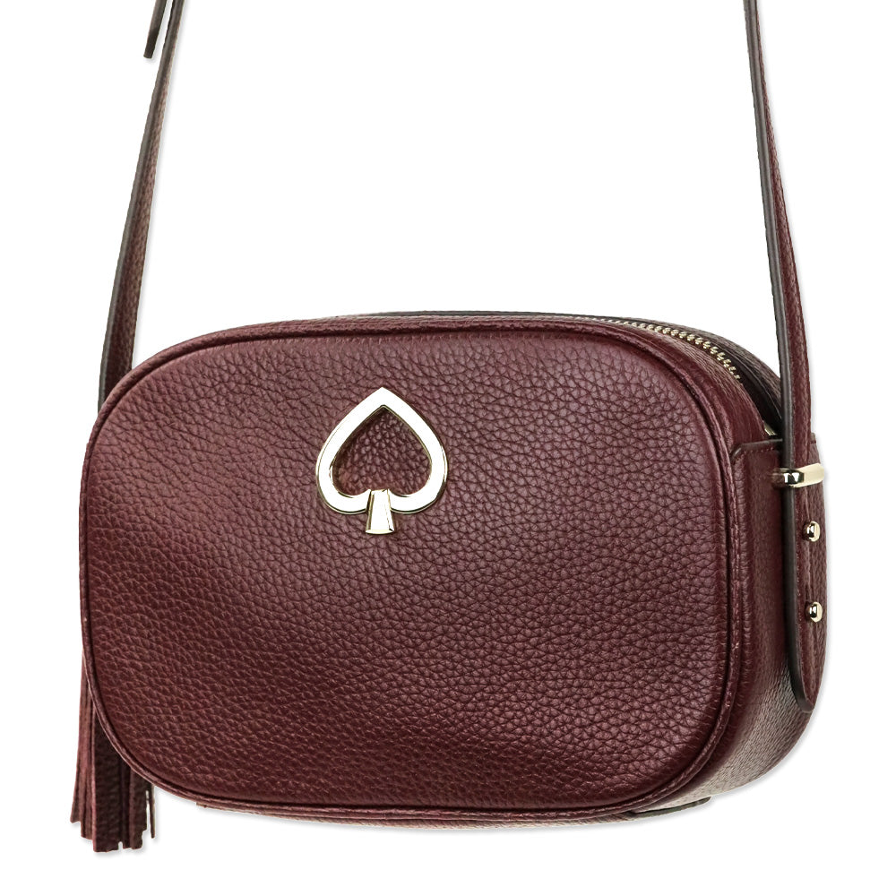 Kate Spade Burgundy Pebbled Leather Polly Medium Crossbody Camera Bag with Tassel