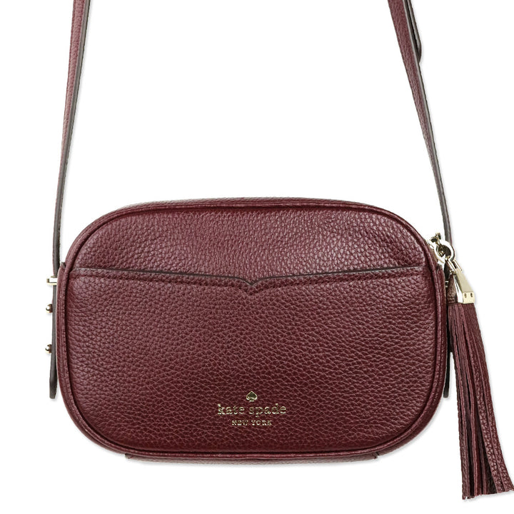Kate Spade Burgundy Pebbled Leather Polly Medium Crossbody Camera Bag with Tassel