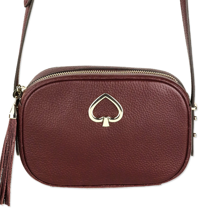 Kate Spade Burgundy Pebbled Leather Polly Medium Crossbody Camera Bag with Tassel
