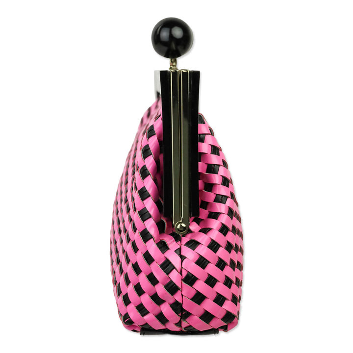 Kate Spade Pink/Black Woven Patent Leather Kiss Lock Crossbody Clutch
