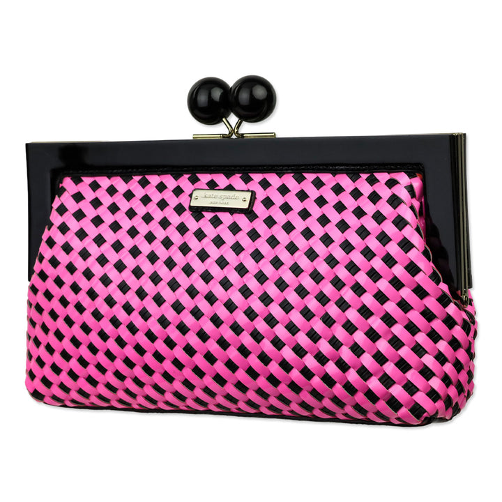 Kate Spade Pink/Black Woven Patent Leather Kiss Lock Crossbody Clutch