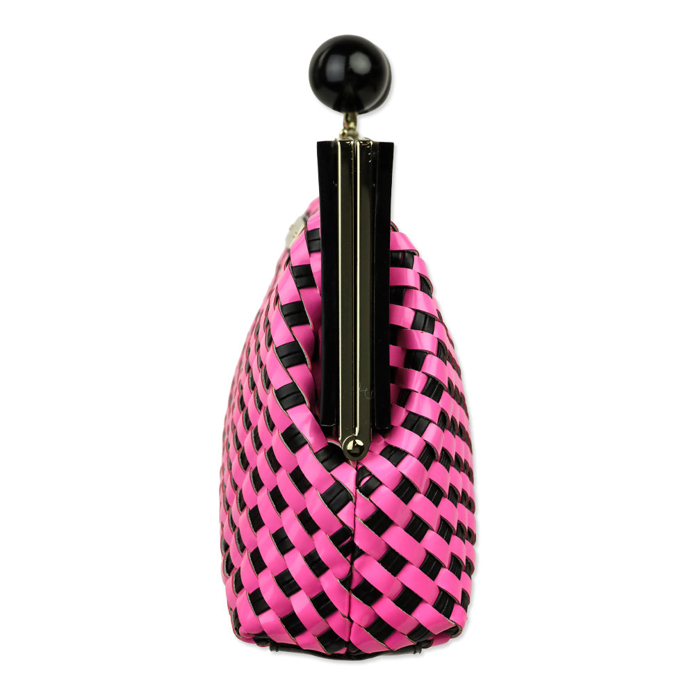 Kate Spade Pink/Black Woven Patent Leather Kiss Lock Crossbody Clutch
