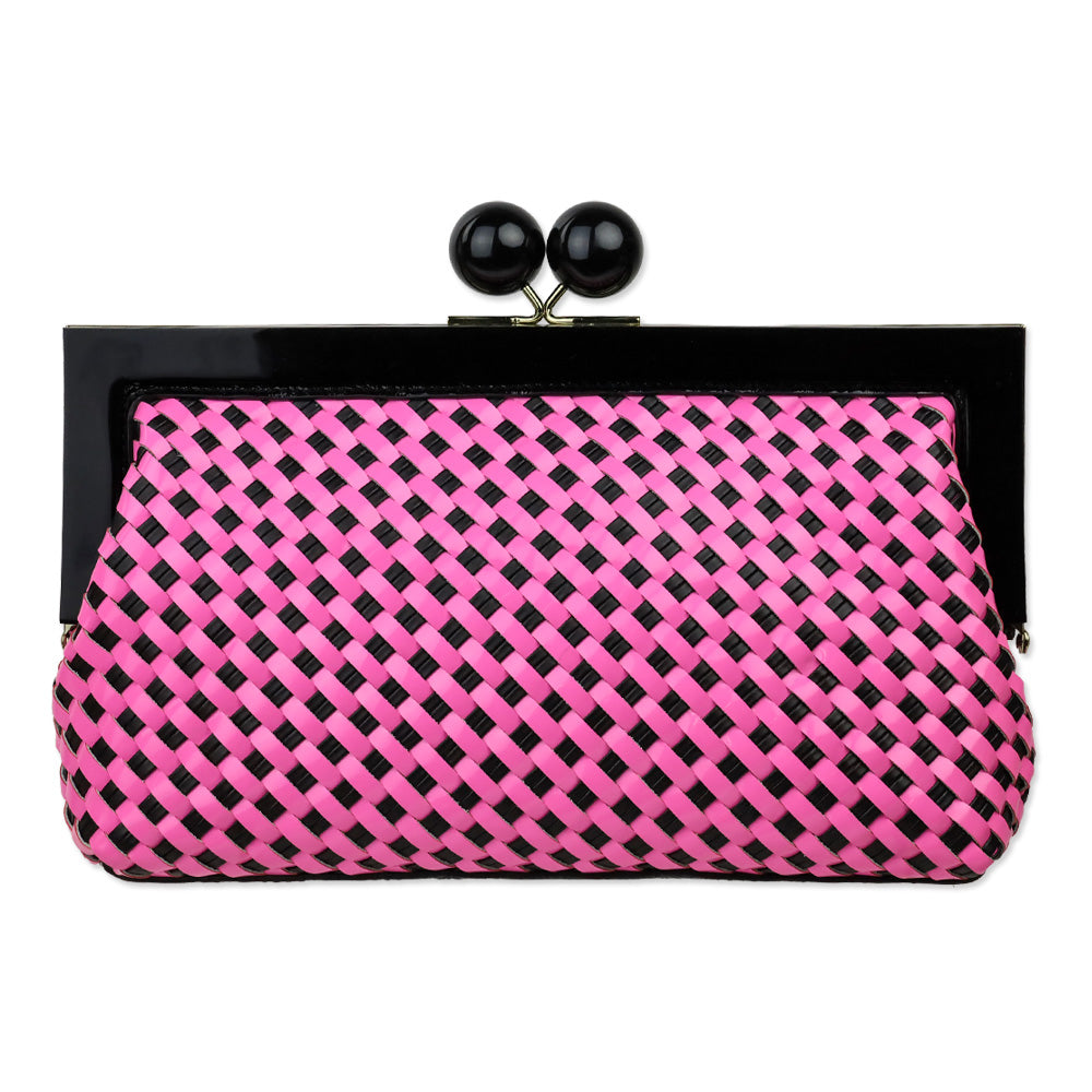 Kate Spade Pink/Black Woven Patent Leather Kiss Lock Crossbody Clutch