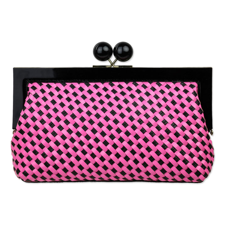 Kate Spade Pink/Black Woven Patent Leather Kiss Lock Crossbody Clutch