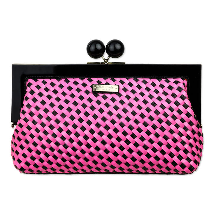 Kate Spade Pink/Black Woven Patent Leather Kiss Lock Crossbody Clutch