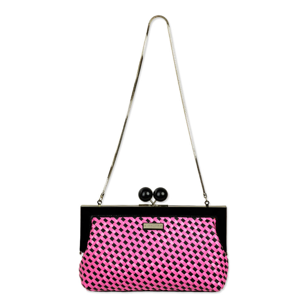 Kate Spade Pink/Black Woven Patent Leather Kiss Lock Crossbody Clutch