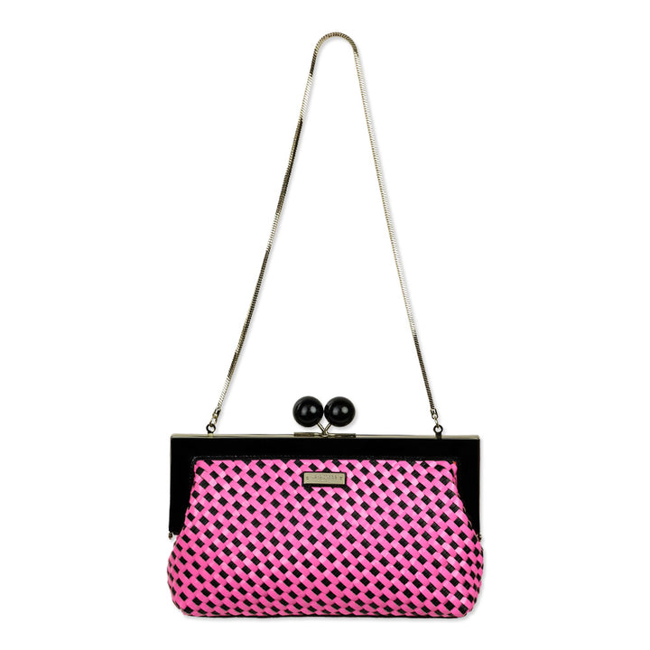 Kate Spade Pink/Black Woven Patent Leather Kiss Lock Crossbody Clutch