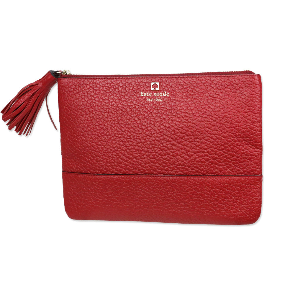 Kate Spade Red Pebble Leather Tassel Zip Pouch