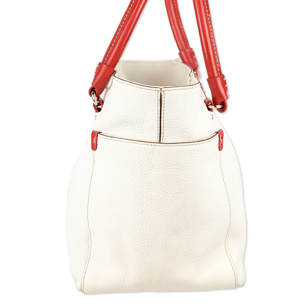 Kate Spade White Pebble Leather Red Patent Accent Shoulder Bag