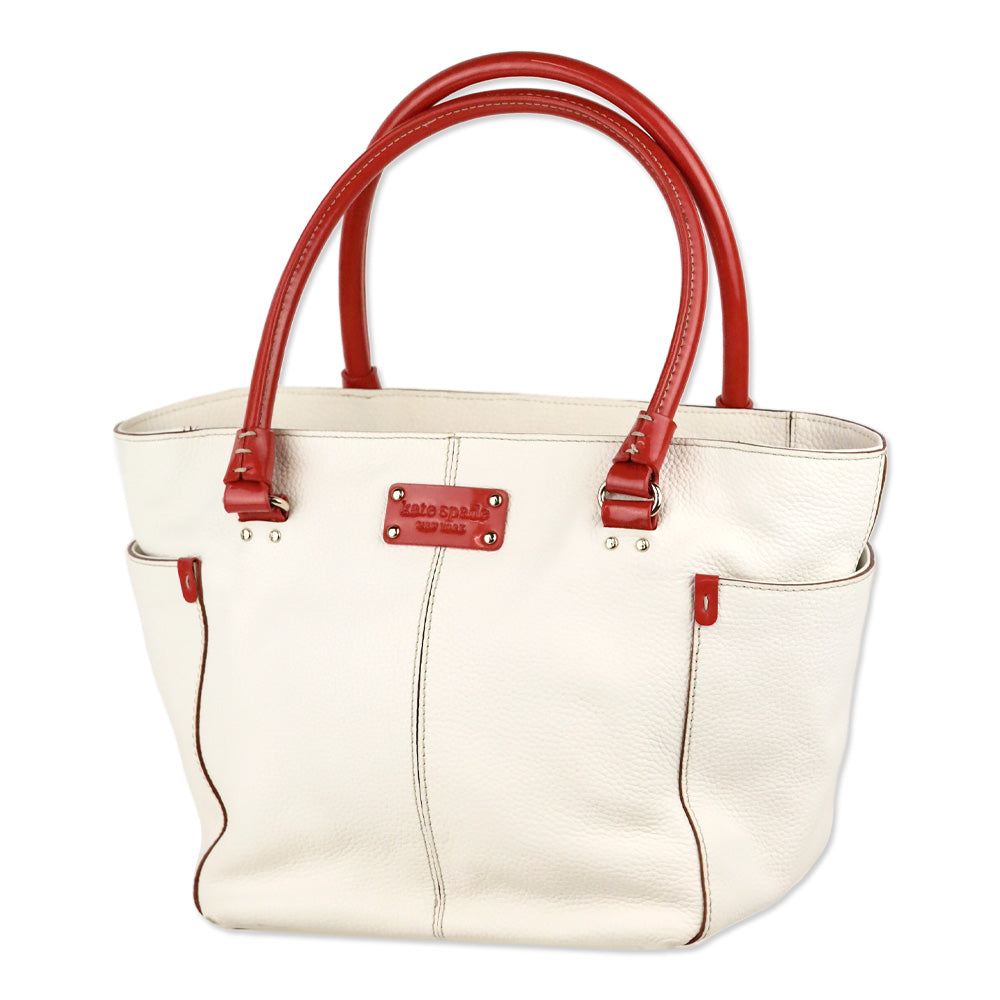 Kate Spade White Pebble Leather Red Patent Accent Shoulder Bag