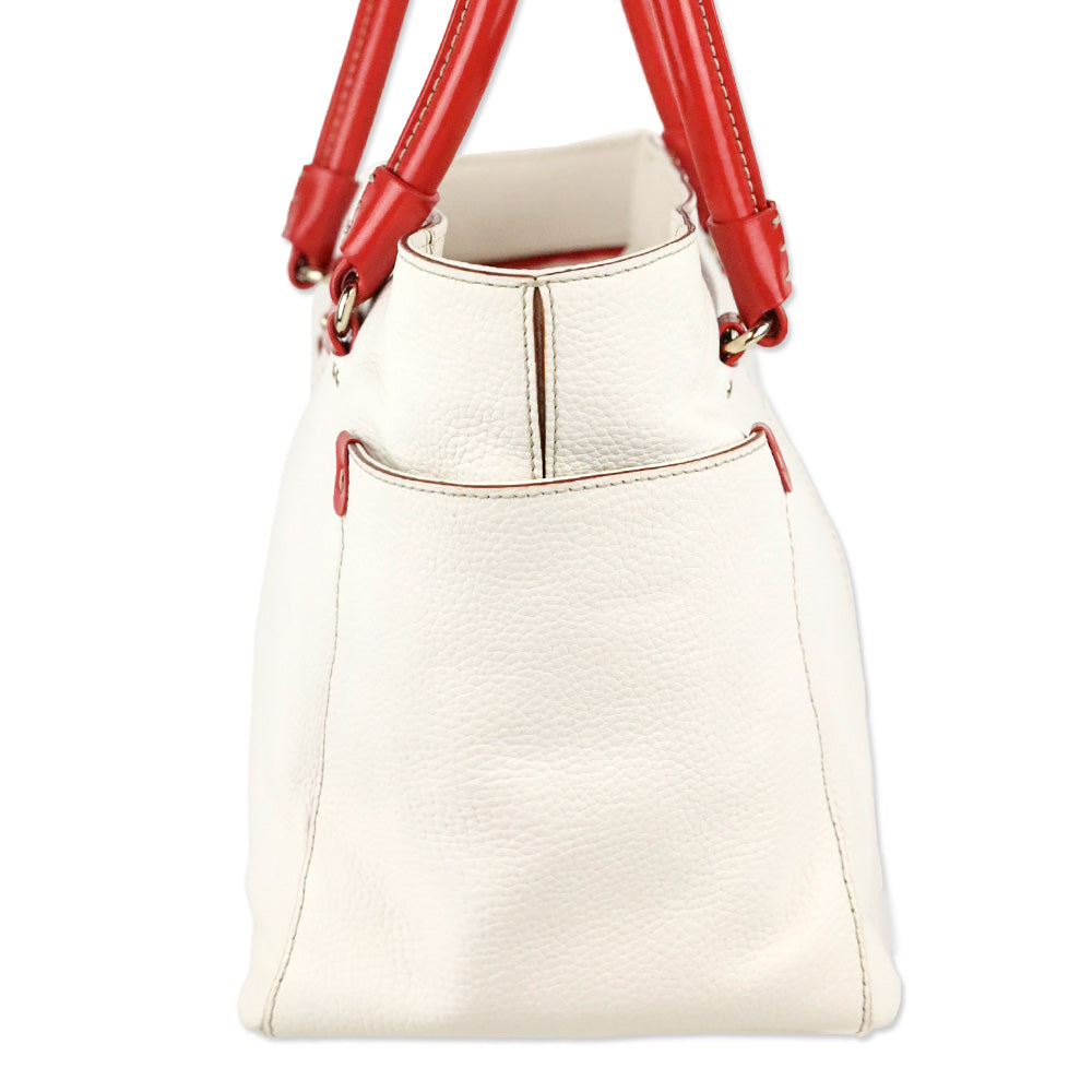 Kate Spade White Pebble Leather Red Patent Accent Shoulder Bag