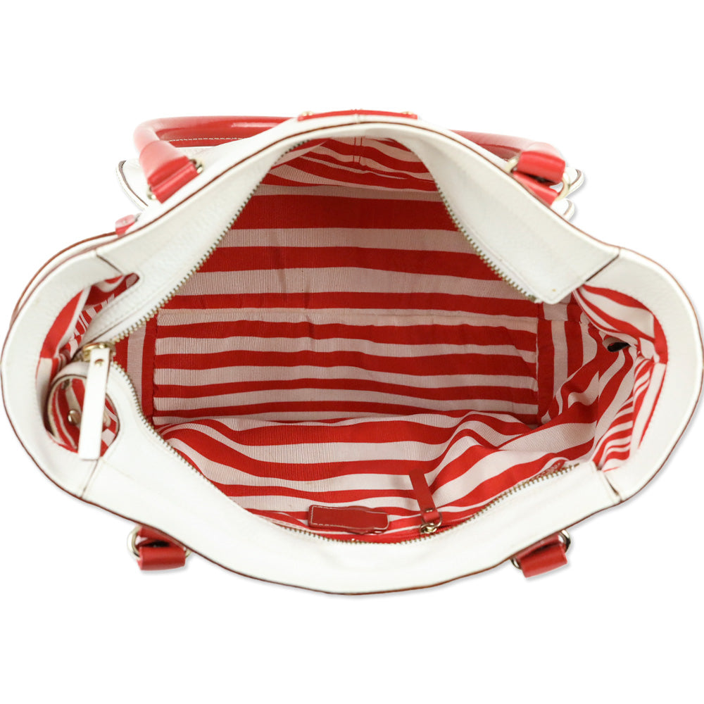 Kate Spade White Pebble Leather Red Patent Accent Shoulder Bag