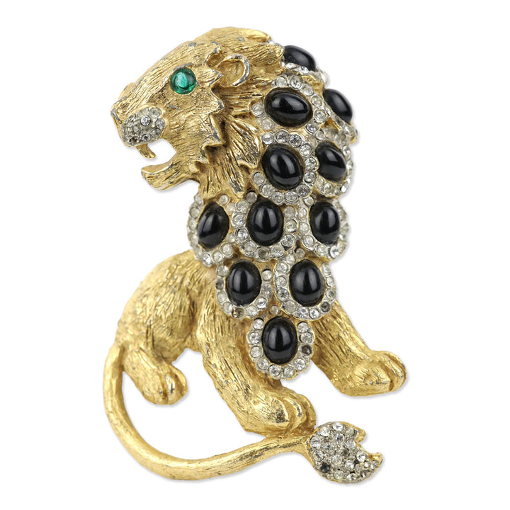 Kenneth Jay Lane Crystal Black Stone Lion Brooch Pin