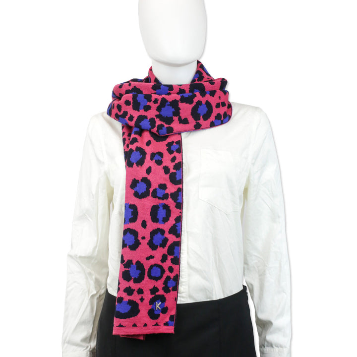 Kenzo Wool-Blend Knit Pink Leopard-Print Scarf
