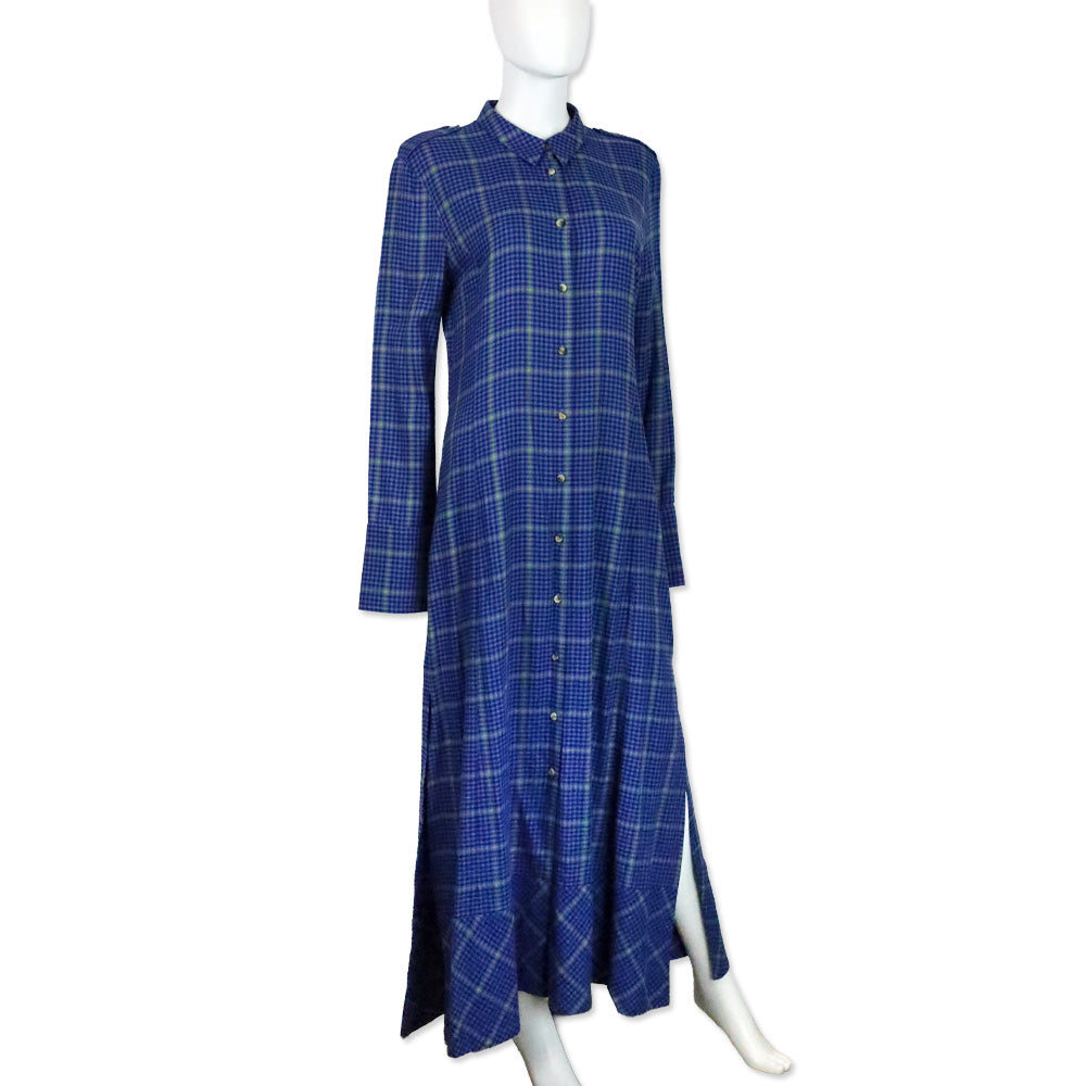 Khaite Fall 2018 RTW Blue Plaid Cotton-Blend Maxi Shirt Dress