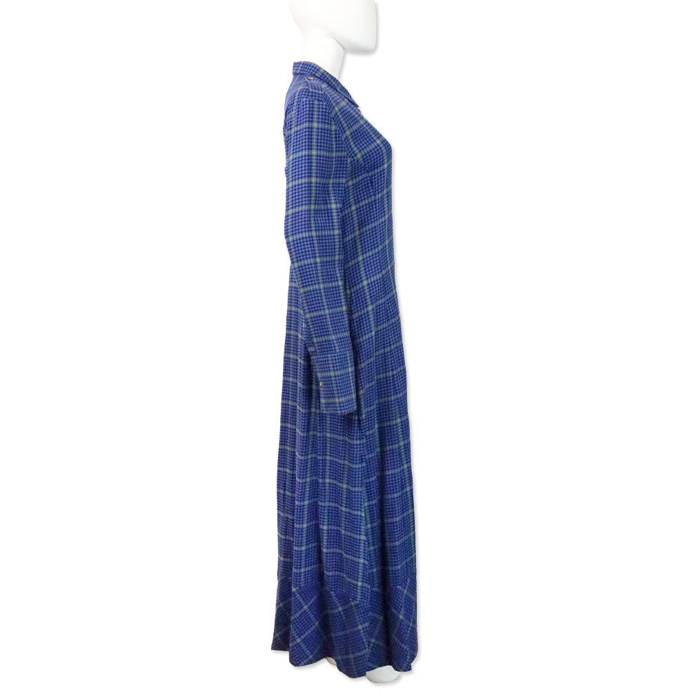 Khaite Fall 2018 RTW Blue Plaid Cotton-Blend Maxi Shirt Dress