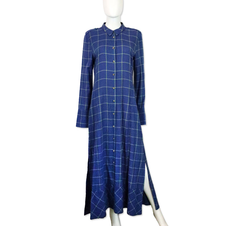 Khaite Fall 2018 RTW Blue Plaid Cotton-Blend Maxi Shirt Dress