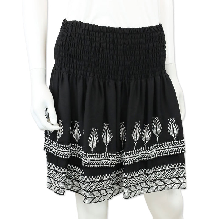 Kobi Halperin Black Silk Embroidered Smocked-Waist Layered Skirt