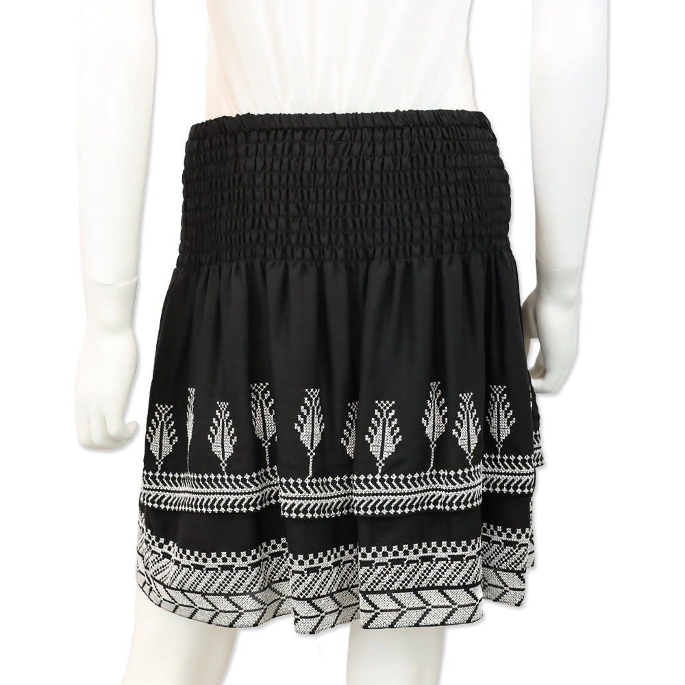 Kobi Halperin Black Silk Embroidered Smocked-Waist Layered Skirt