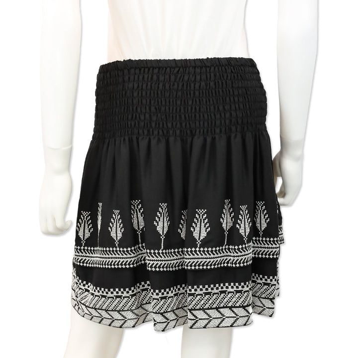 Kobi Halperin Black Silk Embroidered Smocked-Waist Layered Skirt