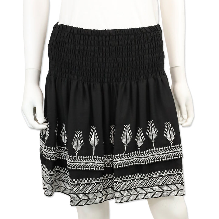 Kobi Halperin Black Silk Embroidered Smocked-Waist Layered Skirt