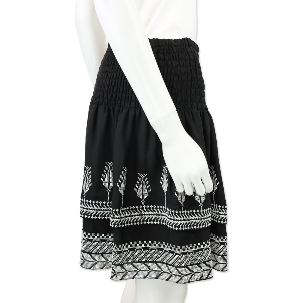 Kobi Halperin Black Silk Embroidered Smocked-Waist Layered Skirt