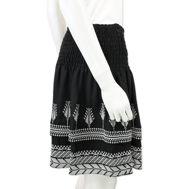 Kobi Halperin Black Silk Embroidered Smocked-Waist Layered Skirt