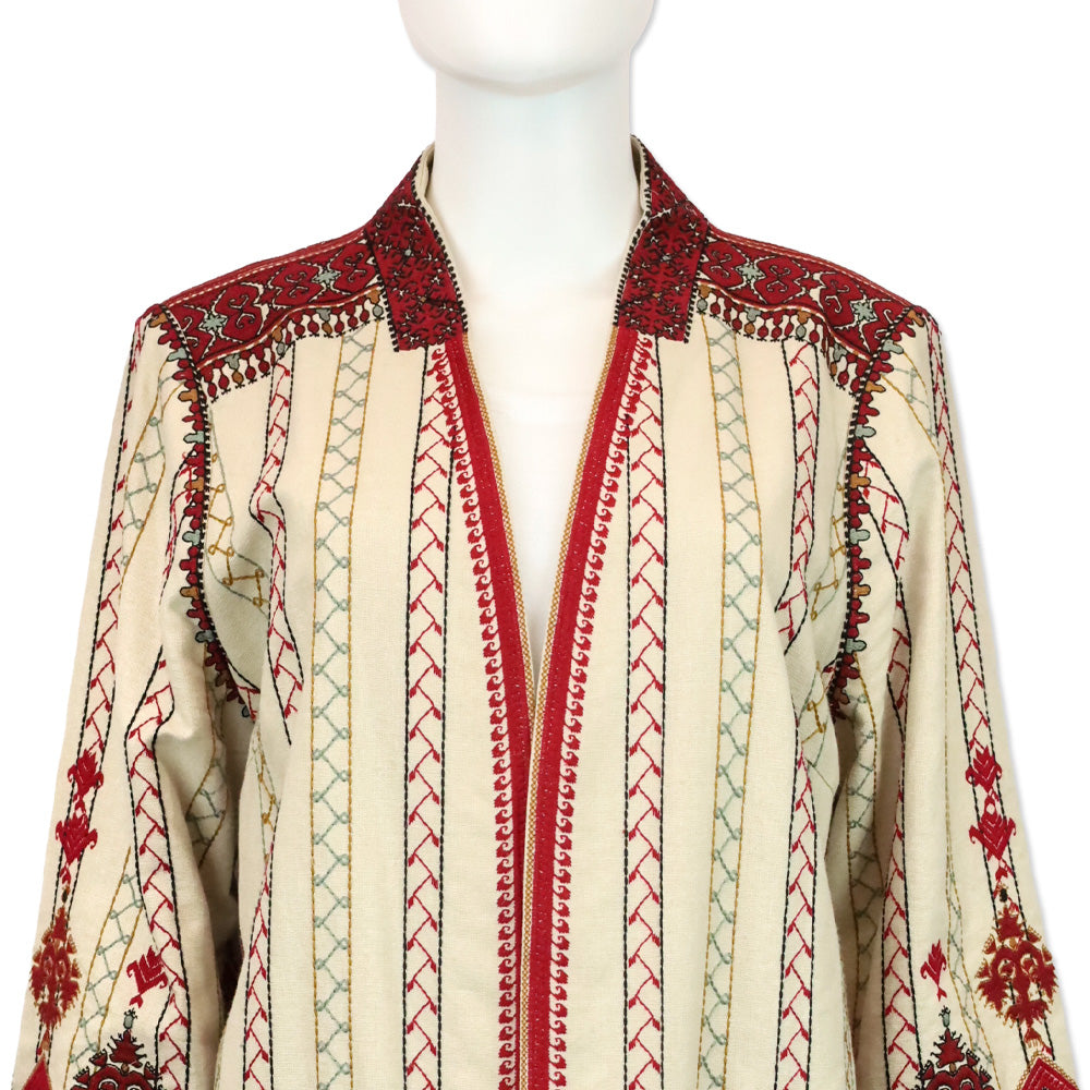Kobi Halperin Burgundy Embroidered Beige Linen-Blend Lexy Coat