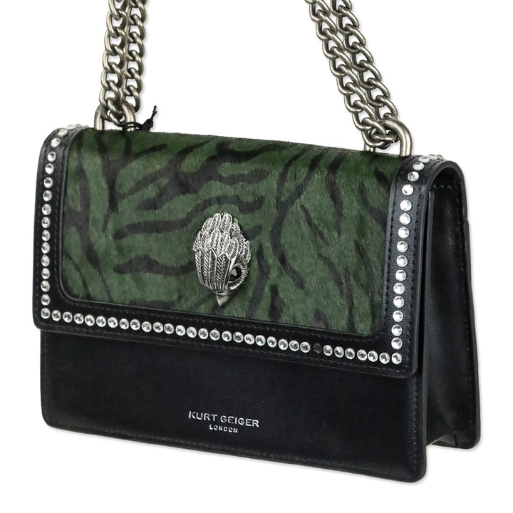 Kurt Geiger Dark Green Tiger Print Cow Fur Leather Shoreditch Small Crossbody