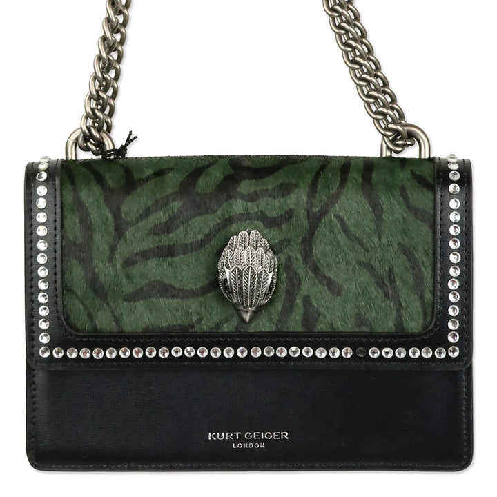 Kurt Geiger Dark Green Tiger Print Cow Fur Leather Shoreditch Small Crossbody