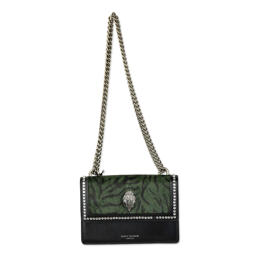 Kurt Geiger Dark Green Tiger Print Cow Fur Leather Shoreditch Small Crossbody