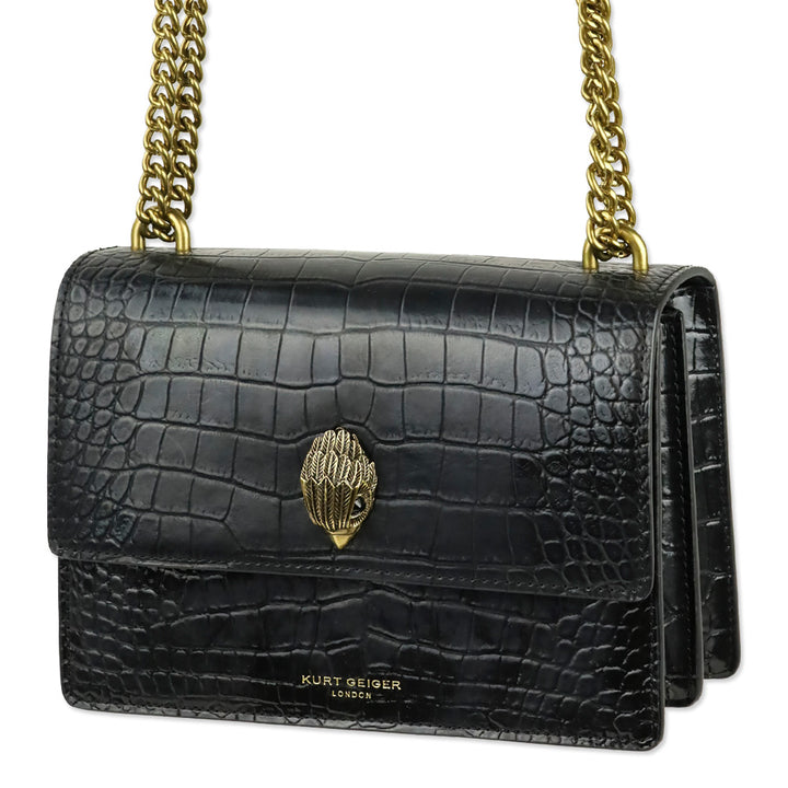 Kurt Geiger London Black Crocodile Embossed Leather Shoreditch Bag
