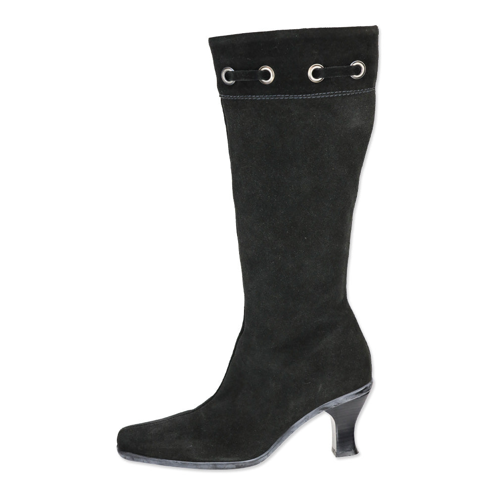 LA Canadienne Black Suede Kitten Knee-High Boots