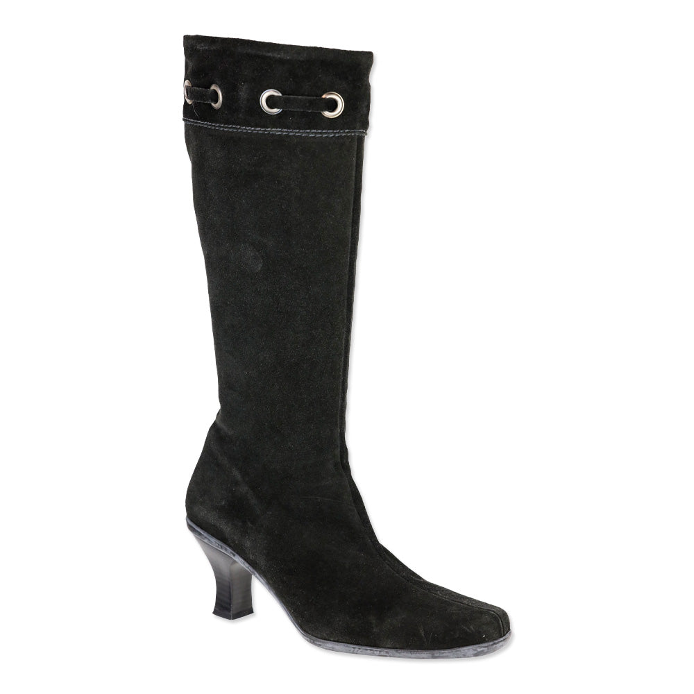 LA Canadienne Black Suede Kitten Knee-High Boots