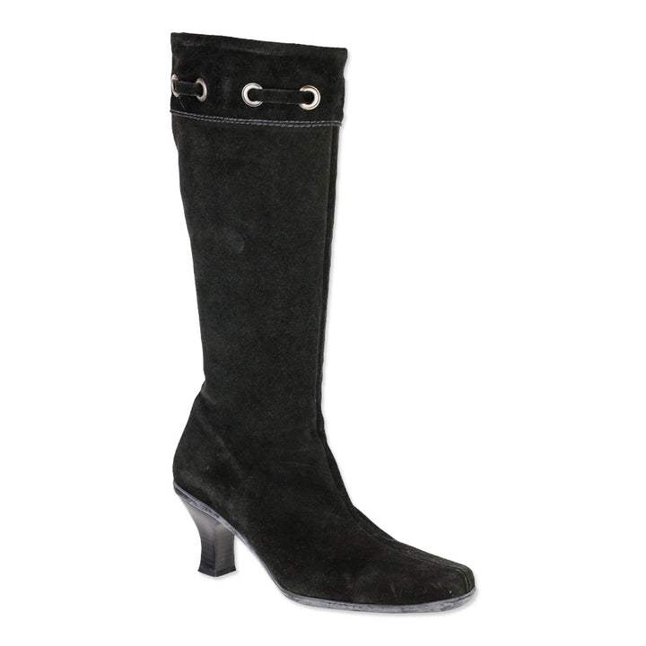 LA Canadienne Black Suede Kitten Knee-High Boots