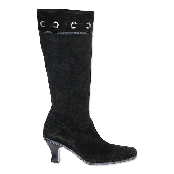 LA Canadienne Black Suede Kitten Knee-High Boots
