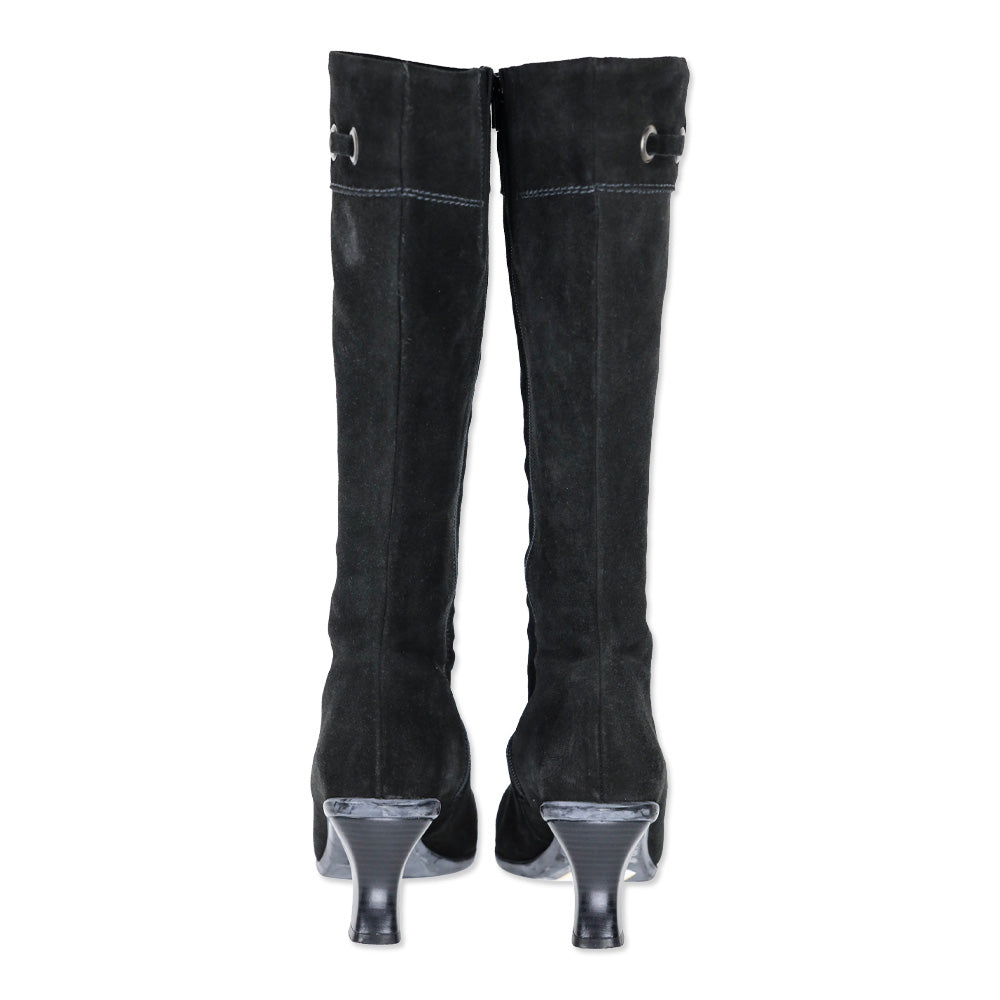 LA Canadienne Black Suede Kitten Knee-High Boots